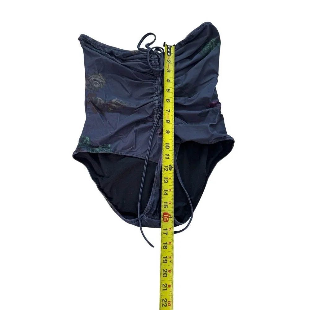 GANNI Strapless Ruched Floral One Piece Swimsuit Slate Grey Blue Size Small‎